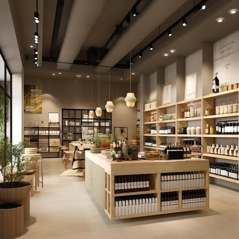 Tienda de comida saludable | Imagen Premium generada con IA Retail Store Lighting Design, Fancy Grocery Store, Mini Mart Interior Design, Bonnie's Bakery, Stationery Store Design, Retail Store Ideas, Target Store, Mini Mart, Retail Store Interior Design