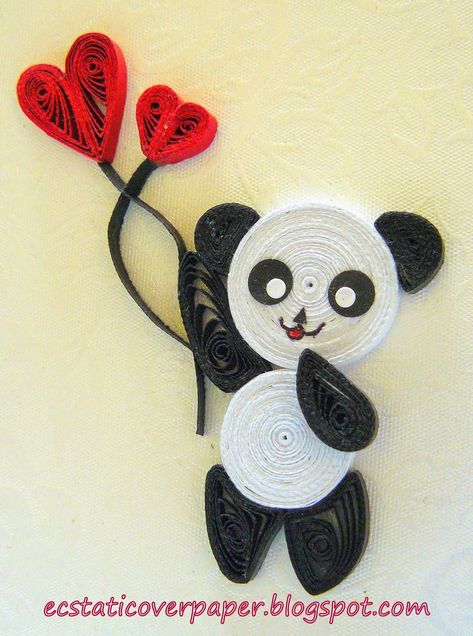 I quilled a Panda bear holding heart shape balloons, about to fly away.  This inspiration came upon when I read in the news that Malaysia N... Quilling Letters, Quilling Animals, Quilling Pattern, Paper Quilling Tutorial, Paper Quilling For Beginners, Paper Quilling Flowers, Paper Quilling Cards, Origami And Quilling, Paper Quilling Jewelry