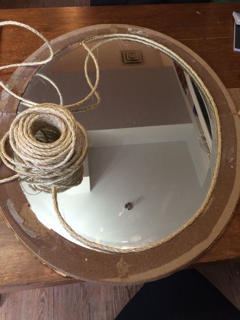 DIY Rope Mirror. When the mirror is good but the frame is broken. Hot glue 1/4" sisal rope around the edge.  Finished product coming soon! Diy Rope Mirror, Diy Decoration Ideas, Rope Mirror, Woodwork Projects, Sisal Rope, Diy Decoration, Kids Bathroom, Round Mirror, Kids' Bathroom