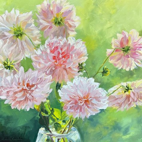 Aah these dahlias have captivated me this season. I’ve enjoyed exploring their intricate petals and soft colour palette. I especially love that glowing colour in the centre when they are back lit by the sun. You’ll be seeing these beautiful blooms in a few more of my pieces at my show in a few weeks. #dahliapainting #dahlias #cafeaulait #cafeaulaitdahlias #dahlia #dahliaseason #painteddahlias #australianartist #canberraartist #natasharuschka #oilpainting #contemporaryfloral #floralpainting Dahlia Flower Painting, Dahlia Painting, Soft Colour Palette, Soft Colour, Dahlia Flower, Australian Artists, Beautiful Blooms, Soft Colors, Floral Painting