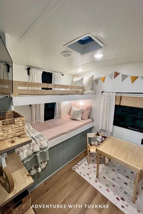 If you’re planning to renovate your RV, travel trailer, fifth wheel, motor home etc. then check out these amazing RV bunk room renovations for ideas on how to decorate your RV bunkhouse. RV decorating and renovation ideas for RV bunk bed ideas, rv bunk room remodel pictures, rv bunk bed rails, rv bunk ladder ideas, rv bunk bed ideas for kids, camper bunk room ideas, camper renovations, and more! 21 RV bunkhouse remodel kids rooms you're going to love! Bunkhouse Travel Trailer Remodel, Rv Bunk Room Ideas, Camper Bunk Room, Camper Bunk Bed Ideas, Rv Bunk Beds Ideas, Rv Bunk Room, Camping Airbnb, Remodeling Camper, Bunkhouse Camper