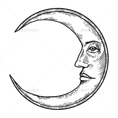 Moon with Face Engraving Style Vector Illustration Moon With Face, Engraving Tattoo, Petit Tattoo, Sun Tattoos, Engraving Illustration, Moon Drawing, Pencil Drawings Easy, Moon Face, Celestial Art