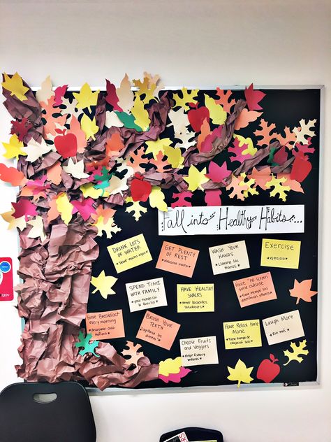 Fall into healthy habits bulletin board, elementary school, nurses office, bilingual Fall Bulletin Boards For Workplace, Leasing Office Bulletin Board, Fall Counselor Bulletin Boards, Medical Office Fall Decorations, Doctor Office Bulletin Board Ideas, Fall Counseling Bulletin Board Ideas, Fall Nurse Bulletin Board, Fall School Nurse Bulletin Board Ideas, Fall Into Healthy Habits Bulletin Board