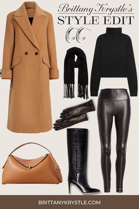 This chic camel coat outfit for women features faux leather leggings, knee high boots, and a turtleneck sweater for a classy, timeless look this fall and winter. This curated collection includes wearable pieces and accessories from brands like ALLSAINTS, Toteme, Spanx, and more. -- Camel coat outfit with faux leather pants. Quiet luxury winter outfit. Long wool coat outfit for women. Camel coat outfit for women winter. Camel coat outfit for women fall. Camel Coat Outfit Classy Camel Turtleneck Outfit, Leather Leggings Knee High Boots, Paris Outfit Ideas Fall, Camel Wool Coat Outfit, Long Camel Coat Outfits, Long Wool Coat Outfit, Outfit Faux Leather Leggings, European Wardrobe, Coat Outfits For Women