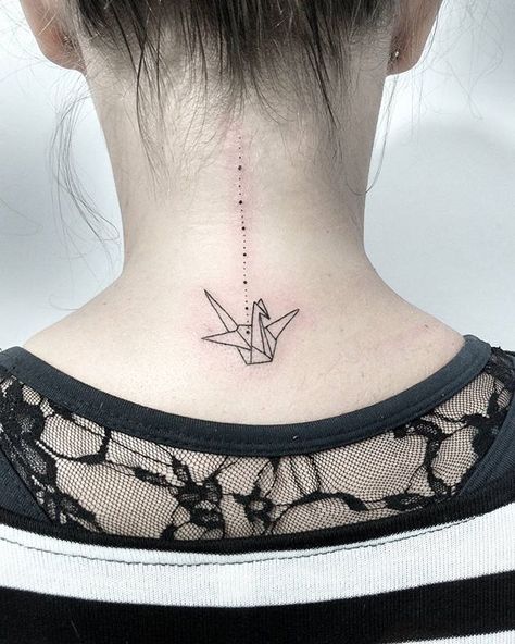 Tsuru ❤ #marjanabruntattoo  #tsuru #tsurutattoo #origamitattoo #origami #delicatetattoo #minimalisttattoo #cutetattoo #geometrictattoo #necktattoo #tattoo #birdtattoo #tattooist #tattooink #tattooed #tattooartist #tatuagem #ink #inked Origami Crane Tattoo, Paper Crane Tattoo, Bird Tattoo Meaning, Tattoo Son, Origami Tattoo, Crane Tattoo, Delicate Tattoo, Bird Tattoo, Elephant Tattoos