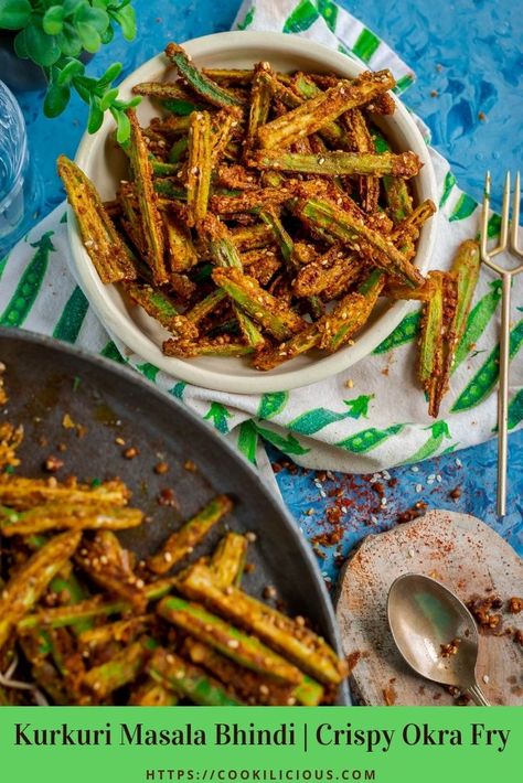 Try Kurkuri Masala Bhindi/Crispy Orka Fry for dinner today! Okra is marinated with different spices & fried. Serve this as a side or as a crunchy salad. #kurkuribhindi #bhindi #crispy #crunchy #okra #ladyfingers #indian #fried #dinner #vegan #masala #vegetarian #sidedish #fries #stirfry Vegan Masala, Kurkuri Bhindi, Crispy Okra, How To Cook Okra, Okra Fries, Okra Recipes, Dinner Today, Crunchy Salad, Curries