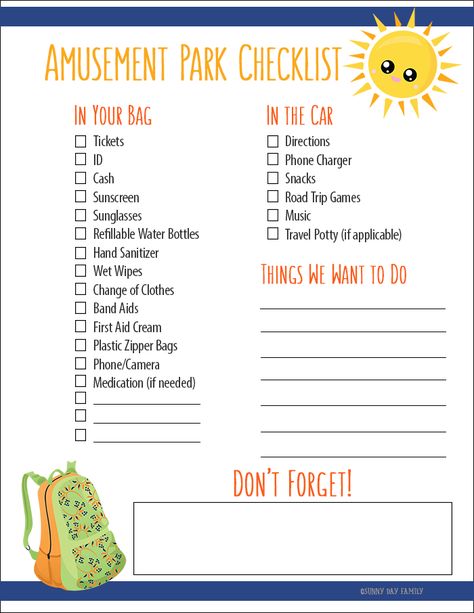 The Ultimate Family Fun Day with a Free Printable Amusement Park Checklist American ExpressDinersDiscoverJCBMasterCardPayPalSelzVisa Amusement Park Backpack Essentials, Amusement Park List, Amusement Park Bag Checklist, What To Bring To A Theme Park, Things To Bring To An Amusement Park, Theme Park Checklist, What To Pack For Amusement Park, Amusement Park Must Haves, What To Take To A Theme Park