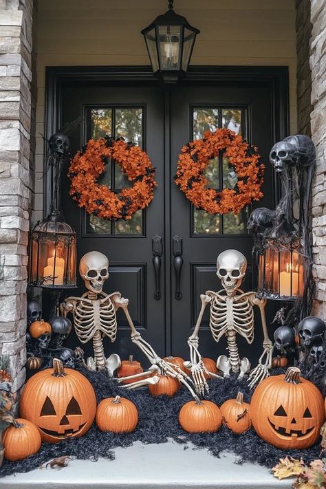 "Add a touch of terror to your entryway with Spooky Front Porch Decor! 🎃👻 A great way to make your home the scariest on the block. 🌿✨ #SpookyEntrance #HalloweenPorch #CreepyDecor" Classy Halloween Exterior Decor, Front Entrance Halloween Decor, Porch Decorating For Halloween, Halloween Flower Bed Decor, Halloween Outdoor Porch Decorations, Front Steps Halloween Decor, Halloween Front Lawn Ideas, Halloween Decorations Porch Outdoor, Simple Halloween Front Porch Decor