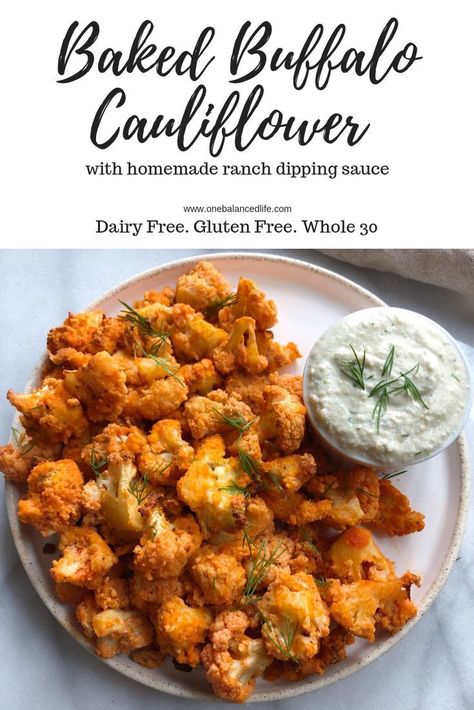 Superbowl is right around the corner and you know what that means!? ALL THE APPETIZERS! aka my favorite part. Cauliflower Whole 30, Baked Buffalo Cauliflower, Whole 30 Snacks, Whole 30 Meal Plan, Recipes Gluten Free, Whole30 Dinners, Whole 30 Diet, Buffalo Cauliflower, Recipe 30