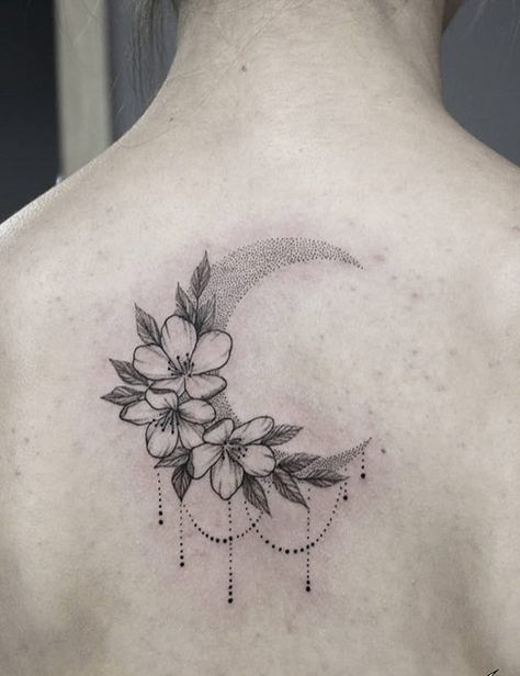 Moon Tattoo Moon Family Tattoo, Star Lilly Tattoo, Moon Tattoo Cover Up, Floral Moon Tattoo, Popular Tattoo Designs, Lillies Tattoo, Coordinates Tattoo, Body Tattoo Design, Moon Tattoo Designs