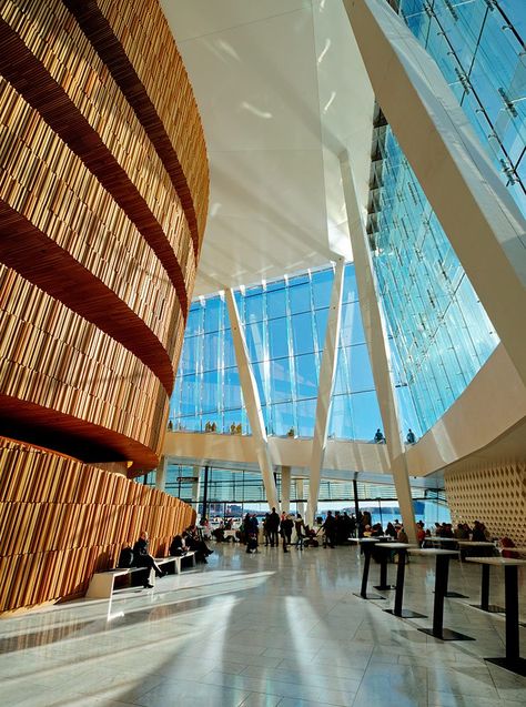 The interior of Oslo Opera House in Norway Sydney Opera House Interior, House In Norway, Oslo Travel, Oslo Opera House, Nordic Architecture, Visit Oslo, World Architecture Festival, Scandinavian Architecture, Photoshoot Locations