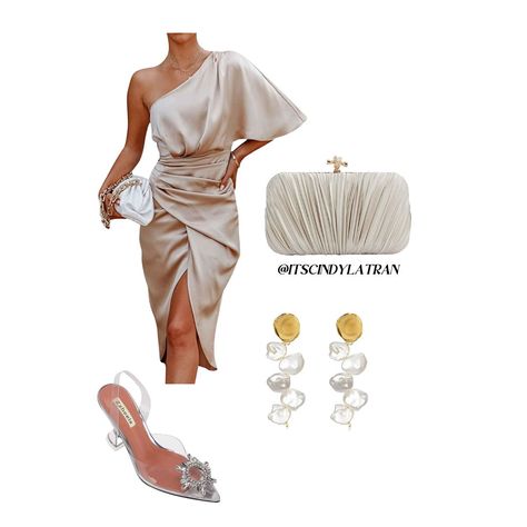 Champagne Wedding Guest Dress Champagne Gold Wedding Guest Dress, Champagne And Gold Midi Dress, Champagne Wedding Outfit Guest, Wedding Guest Dress Beige, Chic Beige Midi Dress For Wedding Guest, Beige Silk Dresses For Wedding Guests, Day Wedding Outfit, Wedding Party Outfits, Beige Wedding