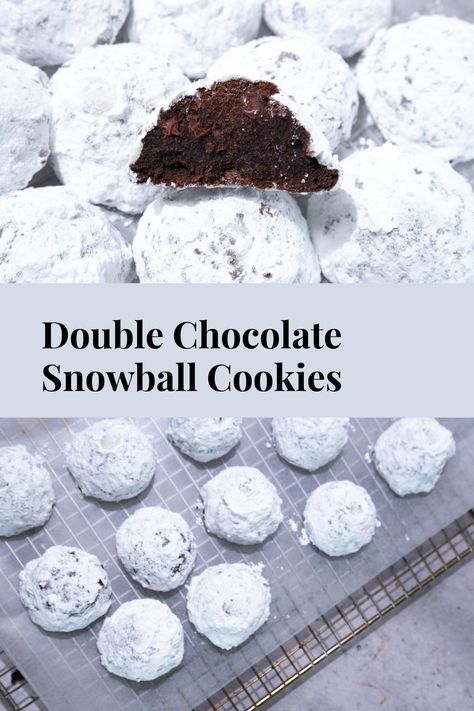 Double Chocolate Snowball cookies: Buttery chocolate cookies with mini chocolate chips rolled in powdered sugar. Double Chocolate Snowball Cookies, Cookies With Mini Chocolate Chips, Chocolate Snowball Cookies Recipe, Chocolate Snowball Cookies, Snowball Cookies Recipe, Chocolate Snowballs, Russian Tea Cakes, Snowball Cookie Recipe, Russian Tea Cake