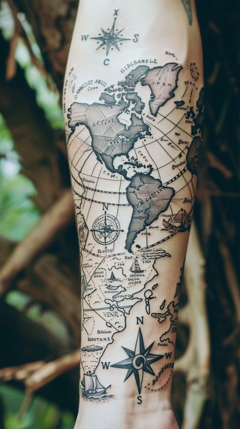 Detailed world map arm tattoo design showcasing continents, oceans, and compass rose, ideal for travel enthusiasts. Time Travel Tattoo Ideas, Nautical Line Tattoo, Nautical Arm Sleeve, Travel World Tattoo, Unique Men’s Tattoos, World Map Tattoo Men, World Map Compass Tattoo, Nautical Map Tattoo Design, Earth Map Tattoo