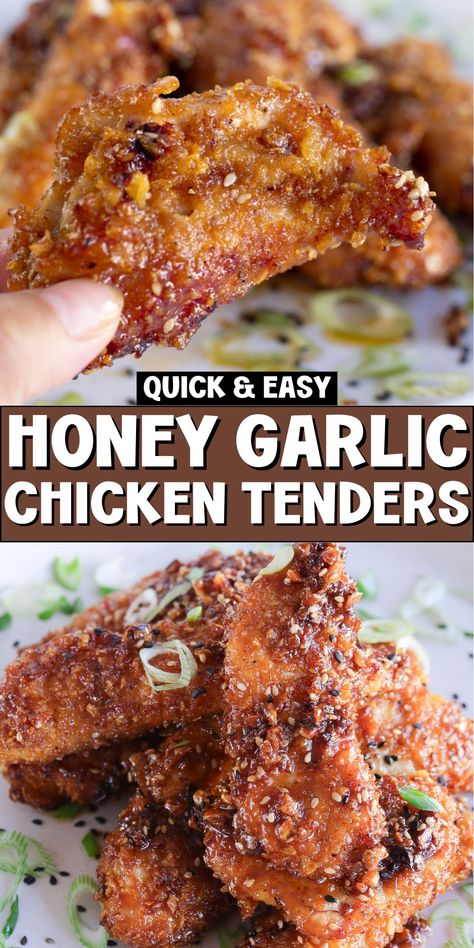 Enjoy the simplicity of easy honey garlic chicken with our Honey Garlic Chicken Tenders Air Fryer recipe! These crispy chicken bites recipes are perfect for a quick chicken dinner or chicken stir fry. Coated in a flavorful honey sriracha glaze, they make for a delicious addition to chicken dinner recipes and healthy high protein meals. Perfectly balanced flavors for a satisfying meal! Honey Garlic Chicken Tenders, Chicken Tenders Air Fryer, Garlic Chicken Tenders, Crispy Chicken Bites, Air Fryer Recipes Chicken Tenders, Air Fried Chicken Tenders, Easy Honey Garlic Chicken, Chicken Bites Recipes, Quick Chicken Dinner