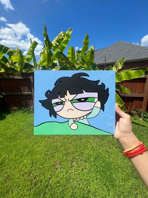 Buttercup Powerpuff Painting, Big Canvas Art Aesthetic, Powerpuff Girls Painting, Buttercup Painting, Sleepy Mood, Girls Tv Show, Buttercup Powerpuff, Meme Cartoon, Pink Wallpaper Heart