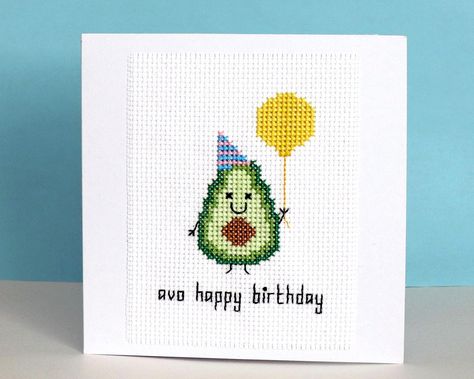 Cross Stitch Birthday Cake, Happy Birthday Cross Stitch Cards, Happy Birthday Cross Stitch Pattern, Birthday Cross Stitch Patterns, Avocado Cross Stitch, Happy Birthday Cross Stitch, Avocado Card, Birthday Cross Stitch, Avocado Birthday