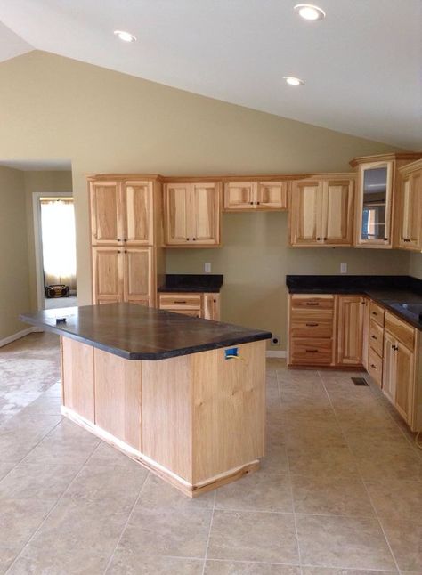 Hickory cabinets. Custom made at beans cabinets Hickory Cabinets With Granite Countertop, Hickory Cabinets Kitchen, Kitchen Cabinets And Flooring, Hickory Kitchen Cabinets, Hickory Kitchen, Command Center Kitchen, Stained Kitchen Cabinets, Hickory Cabinets, Barn Houses