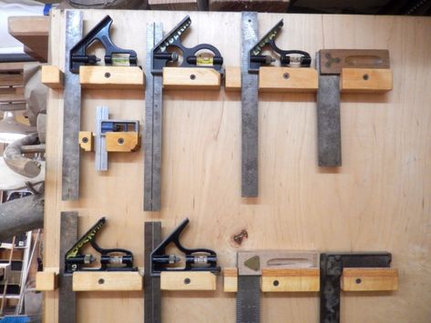 A cradle for a Combination Square | Popular Woodworking Magazine Workshop Organisation, Tool Wall Storage, Cleat Wall, Garage Workbench Plans, Combination Square, Tool Wall, Woodworking Square, Square Tool, Power Tool Storage