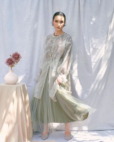 Nara in clary sage Outfit Idul Fitri, Eid Fitri Outfit, Ramadhan Dress, Raya Outfit, Fashion Batik, Kebaya Modern Dress, Kebaya Dress, Eid Outfits, Idul Fitri