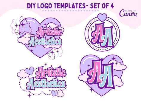 DIY Logo Template, Pastel Logo, Pink Logo, Retro Logo, Kawaii Logo, Editable Logo, Canva Template, Logo Bundle, Heart Logo, Branding Canva Logo Template, Pink Logo Ideas, Canva Logo Ideas, Cute Canva Fonts, Kawaii Logo Design, Personal Logo Ideas, Cute Logo Design, Pastel Logo, Cute Logos