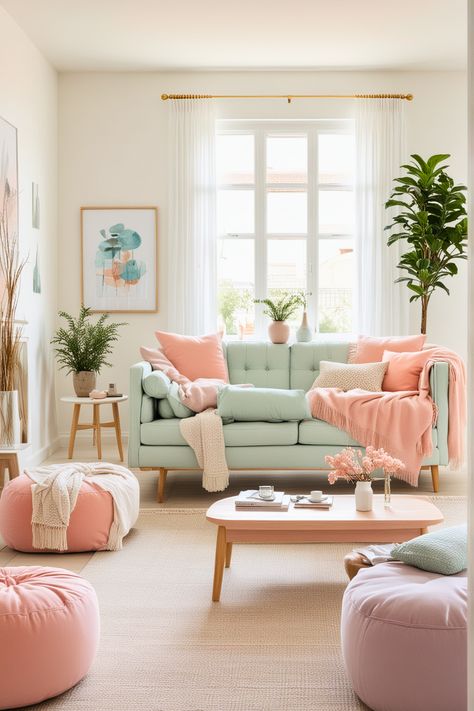 30 Inspirational Pastel Living Room Ideas – The Crafty Hacks Living Room Ideas Pastel, Pastel Sofa Living Rooms, Pastel Lounge Room, Pastel Theme Living Room, Pastel Sofas, Soft Pastel Living Room, Living Room Pastel, Pastel Colour House Interior, Pastel Color Combinations