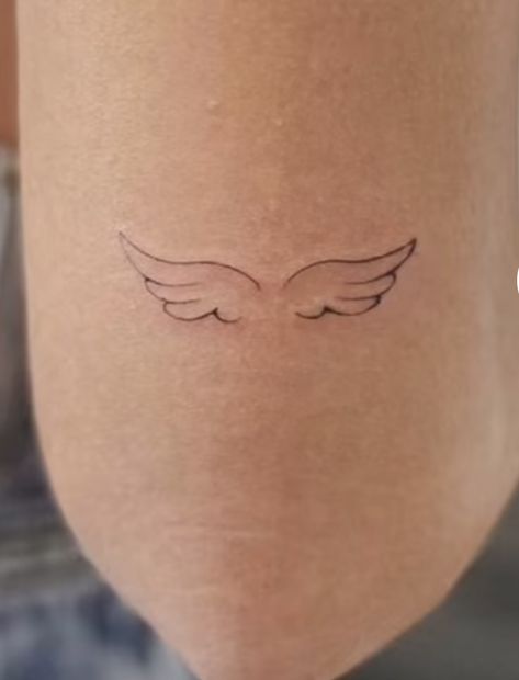 Angel Wings On Ankle, Angel Wing Tattoo Placement, Fine Line Angel Wing Tattoo, Angel Wings Tattoo Placement, Dainty Angel Wings Tattoo, Heaven Tattoo Ideas, Small Angel Wing Tattoo, Angel Wing Tattoo, Halo Tattoo