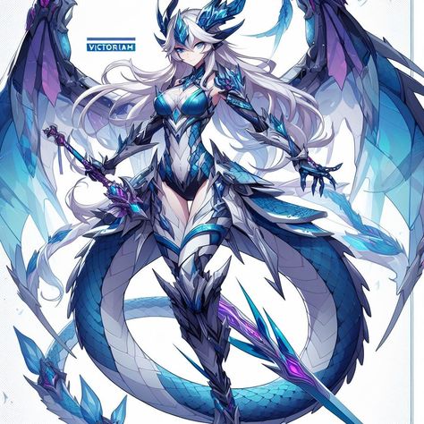 Ice Armor Art, Ice Anime Character, Ice Dragon Human Form, Anime Dragon Female, Dragon Hybrid Human, Female Dragon Oc, Dragon Vtuber, Dragon Hybrid Oc, Dragon Human Form