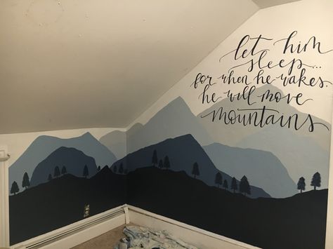 Boy Nursery Mountains, Adventure Nursery Theme, Mountain Nursery Theme, Adventure Theme Nursery, Blue Nursery Boy, Baby Boy Room, Mountain Mural, Little Cabin In The Woods, Baby Taylor