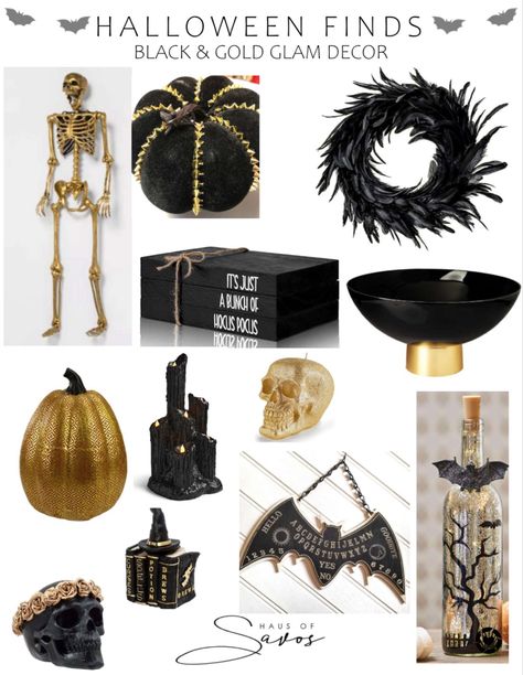 Black Gold Silver Halloween, Black White And Gold Halloween Decor, Black And Gold Fall Decor, Black And Gold Halloween Decor, Gold Halloween Decor, Glam Halloween Decor, Black And Gold Halloween, Halloween Entry Table, Black And Gold Resin