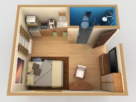 Hotel Room Layout, Small Hotel Room, Small Apartment Plans, Studio Apartment Floor Plans, Apartemen Studio, Tiny House Loft, House Loft, House Floor Design, Hotel Room Design