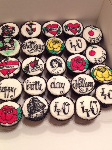 Old School Sailor Jerry Inspired Tattoo Theme Cupcakes Tattoo Themed Birthday Party, 47th Birthday, Tattoo Themes, Lucky 7, Sailor Jerry, 18th Birthday Party, Themed Birthday Cakes, Themed Cupcakes, 7th Birthday