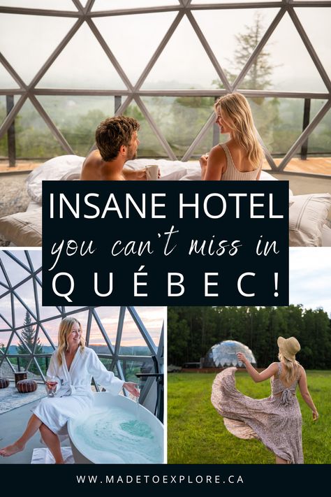 The Best Hotel in Mont Tremblant, Québec: Bel Air Tremblant Resort Dome & Chalets! If you are travelling to Québec Canada you can't miss this luxurious hotel! With a spa, restaurants, private jacuzzis and hot tubs, and activities like ziplining, 4X4 buggy, fat bikes, kayaks, and more, this resort is the perfect blend of adventure and relaxation. #quebec #monttremblant #madetoexplore #domestay Quebec Winter, Unique Cottages, Winter Resort, Beautiful Outdoor Living Spaces, Mont Tremblant, Luxurious Hotel, Travel Canada, Beautiful Yoga, Best Resorts