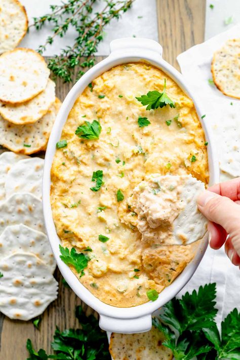 This spicy Healthier Hot Crab Dip is a fantastic (healthy) appetizer to share for game day! | Healthy Seasonal Recipes | Katie Webster | #glutenfree #appetizer #superbowl Crab Recipes Healthy, Glutenfree Appetizer, Roasted Garlic Hummus Recipe, Hot Crab Dip Recipe, Dip Healthy, Spicy Crab, Stuffed Portobello, Hot Crab Dip, Wonton Cups