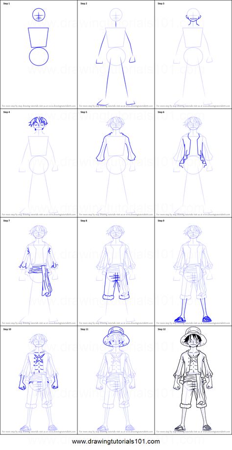 How to Draw Monkey D. Luffy Full Body from One Piece Printable Drawing Sheet by DrawingTutorials101.com Luffy Full Body Drawing, How To Draw Luffy One Piece, How To Draw Anime Full Body Step By Step, Anime How To Draw Step By Step, One Peice Anime Drawings, Luffy Drawing Pencil Easy, One Piece Drawing Tutorial, Luffy Drawing Tutorial, How To Draw Luffy Step By Step