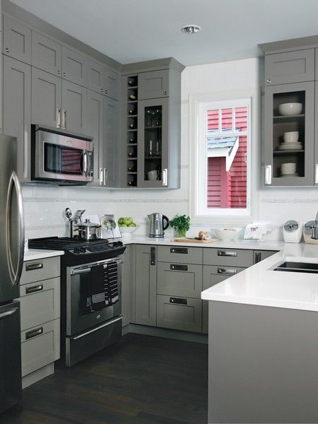 Suzie: Kelly Deck Design - U shaped kitchen design with gray kitchen cabinets and marble slab ... Small U Shaped Kitchens, Very Small Kitchen Design, Small U Shaped Kitchen, Small L Shaped Kitchens, Серая Кухня, Gray Cabinets, L Shaped Kitchen, U Shaped Kitchen, Kitchen Designs Layout