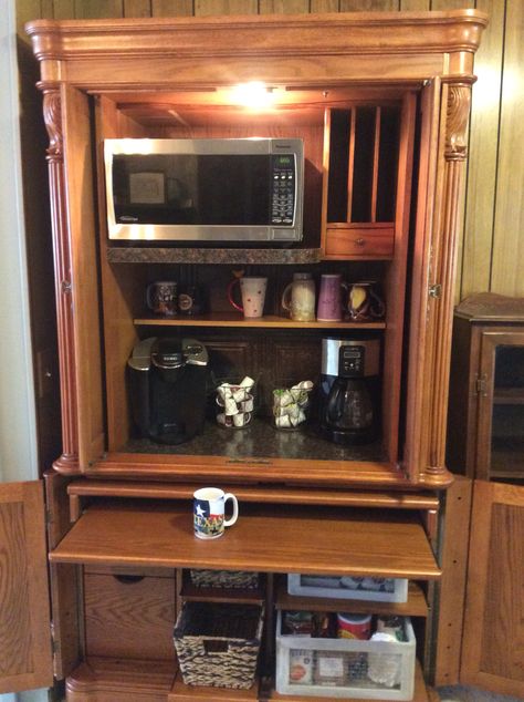 DIY Computer cabinet to coffee bar Coffee Bar Microwave, Computer Cabinet, Baking Center, Dining Room Inspiration, Tv Cabinet, Tv Cabinets, Entertainment Center, Coffee Bar, Apothecary