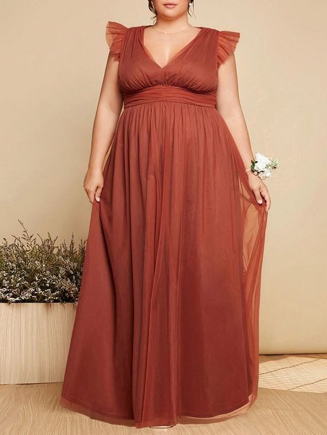 Rust Brown  Collar Sleeveless Mesh Fabric Plain A Line Embellished Slight Stretch  Weddings & Events Bridesmaid Dresses For Curvy, Rusty Orange Bridesmaid Dresses, Made Of Honor Dress, Dresses For Curvy Women, Mesh Bridesmaids Dress, Orange Bridesmaid, Orange Bridesmaid Dresses, Neck Ruffle, Ruffle Trim