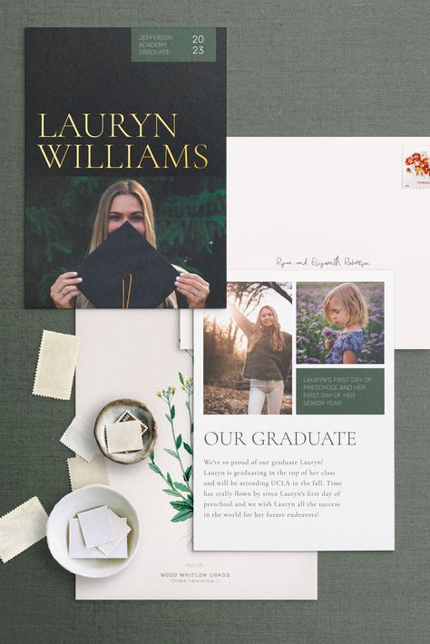 Photograph of a graduation announcement showing the front and back of the card and an envelope. The front has a black background with large gold foil text and a photograph of a young woman with a graduation cap. The back shows a white background with 2 photographs, one of a young woman and one of a little girl. The headline text says Our Graduate and there is a paragraph of additional text beneath that. Homeschool Graduation Announcements, High School Graduation Announcements, Grad Dinner, 18th Party, Graduation Announcements High School, College Graduation Announcements, Medical School Graduation, Grad Announcements, Grad Invitations