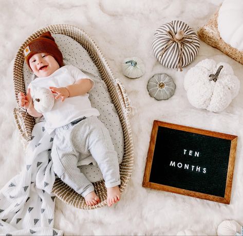 Fall Baby monthly photo | baby photoshoot | baby monthly milestone photo idea | monthly baby photo props | fall monthly baby photos | baby letterboard ideas | baby carhartt beanie hat | toddler carhartt beanie hat | fall pumpkins | white pumpkins | baby changing basket bassinet | monthly milestone photos | baby monthly milestones | baby photoshoot ideas | fall baby photoshoot ideas | ten months old | 10 month old baby boy | baby boy style | toddler boy style #LTKbaby #LTKfamily #LTKbump Ten Months Baby Photoshoot, Baby Carhartt Beanie, Toddler Carhartt Beanie, Baby Carhartt, Toddler Carhartt, Letterboard Ideas, Carhartt Kids, Basket Bassinet, Changing Basket