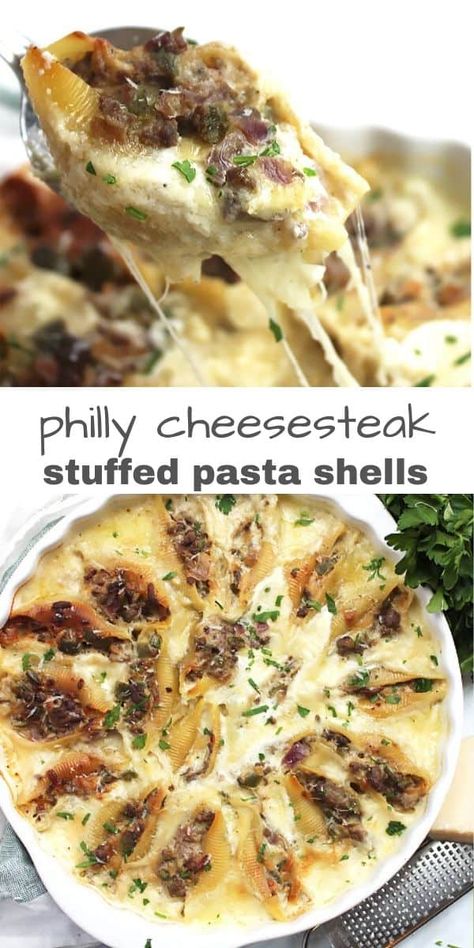 These Philly cheesesteak stuffed pasta shells are a delicious and easy one pot meal that comes together quickly and easily. Pasta shells are stuffed with seasoned ground beef, onions and green pepper and baked in a creamy provolone cheese sauce. Made with simple ingredients, it's a great family weeknight meal. #phillycheesesteak #stuffedpastashells #provolonecheeserecipe Philly Cheesesteak Shells, Philly Stuffed Shells, Ground Beef Recipes Jumbo Shells, Cheesesteak Dinner Ideas, Stuffed Shells Philly Cheesesteak, Recipes With Large Shell Pasta, Philly Cheesesteak Stuffed Shells, Recipes With Jumbo Pasta Shells, Beef Stuffed Shells Recipe