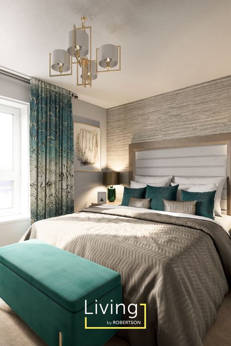 Teal and gold bedroom the Regent apartment Royal View White Tan Teal Bedroom, Teal And Oak Bedroom, Teal Gray And Gold Bedroom Ideas, Teal Navy Bedroom, Teal Turquoise Bedroom, Copper And Teal Decor, Copper And Teal Bedroom Ideas, Teal Master Bed, Teal Bedding Ideas Bedroom