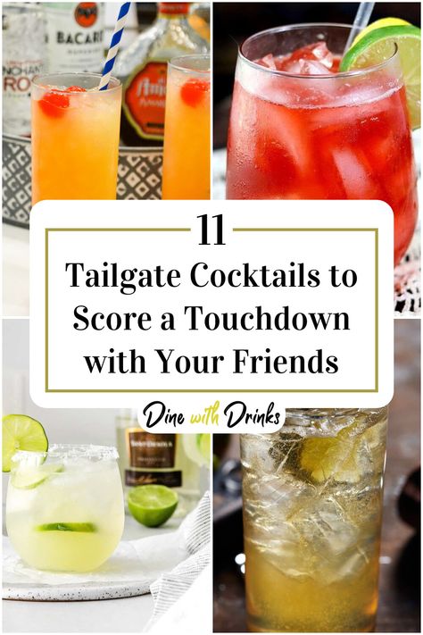 Collage of 4 tailgate cocktails. Tailgating Cocktails Football, Tailgate Bunco Theme, Drinks For Football Party, Football Themed Alcoholic Drinks, Tailgate Alcoholic Drinks, Drinks For Super Bowl Party, Game Day Drinks Football, Tailgate Food Breakfast, Football Themed Cocktails