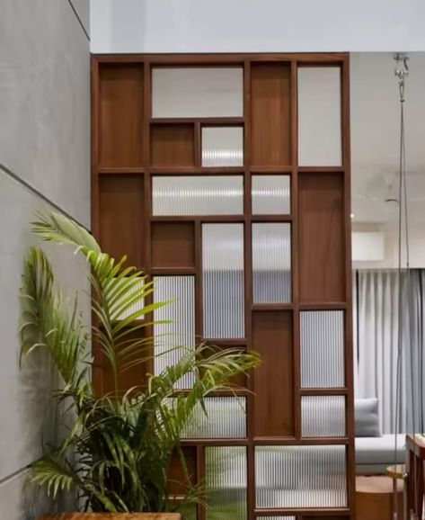 Laminate Partition Design, Hall Partition Design Ideas, Glass And Wooden Partition, Wooden Glass Partition, Partion Wall Room Dividers, Partition Wall With Tv Unit, Wooden Partition Wall, Unique Partition Design, Partition Wall Living Room