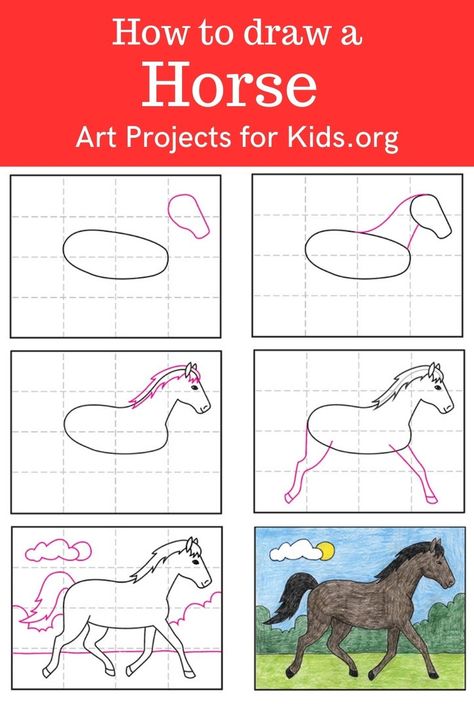 Learn how to draw a Horse with an easy step-by-step PDF tutorial. #howtodraw #tutorial #drawing #drawingtutorial #arttutorial #artprojectsforkids #howtodrawforkids Horse Art Projects For Kids, Drawing Horses Easy, How To Draw A Horse Step By Step, How To Draw Horse, How To Draw Animals Step By Step, How To Draw A Horse, Draw Horse, Horse Tutorial, Draw A Horse