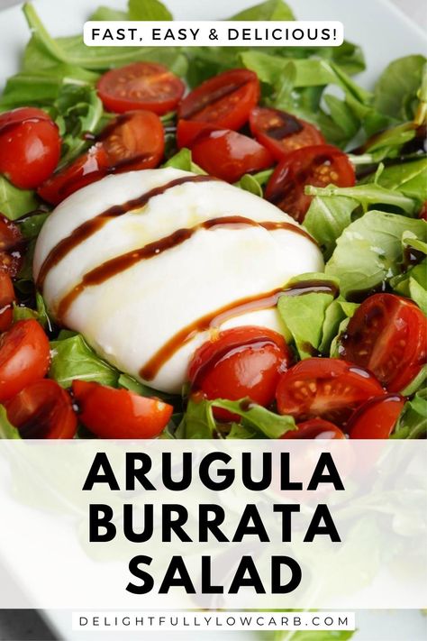 Enjoy a burst of vibrant and vegetarian-friendly flavors in this Arugula Burrata Salad by combining fresh ingredients like peppery arugula, sweet cherry tomatoes, and creamy burrata cheese. Arugula Burrata Salad, Burrata Arugula Salad, Low Carb Meal Planning, Burrata Recipe, Ground Beef And Broccoli, Low Carb Salads, Pesto Dressing, Salad Inspiration, Burrata Salad