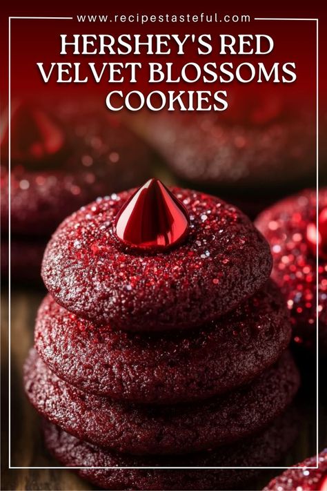 These Hershey's Red Velvet Blossoms Cookies are a delightful combination of soft red velvet cookies and a sweet Hershey's Kiss nestled in the center. With a rich cocoa flavor and a beautiful red hue, they are perfect for special occasions or just a sweet treat to brighten your day. Red Velvet Cookies With Frosting, Hershey Red Velvet Blossom Cookies, Hersheys Red Velvet Blossoms, Cherry Hershey Kiss Cookies, Red Velvet Cookies Recipe From Scratch, Red Velvet Blossom Cookies, Red Velvet Christmas Cookies, Kismet Cookies, Red Velvet Cookies Easy