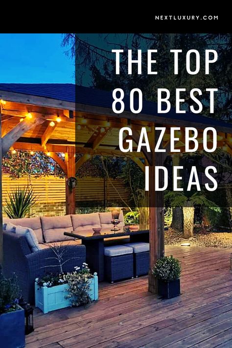 Backyard Patio Designs Gazebo, Outdoor Patio Ideas With Gazebo, Backyards With Gazebos, Patio Design Gazebo, Small Gazebo Ideas Backyard Outdoor, Outdoor Patio Gazebo Ideas, Backyard Gazebo Decor, Decorating Outdoor Gazebo, Rectangle Gazebo Ideas Backyard