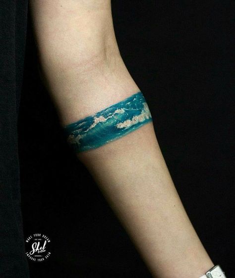 Ocean Band Tattoo, Sea Tattoo Design, Wave Tattoo Foot, Waves Tattoo Design, Watercolour Waves, Arm Cuff Tattoo, Tattoos Ocean, Arm Wrap Tattoo, Wrist Band Tattoo