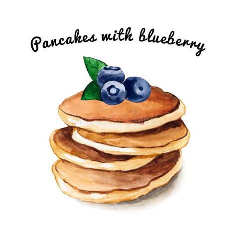 Watercolor Pancakes, Pancake Watercolor, Pancakes Illustration, Pancake Drawing, Watercolour Food, Top Illustration, Blueberry Topping, Pen And Wash, Oat Pancakes